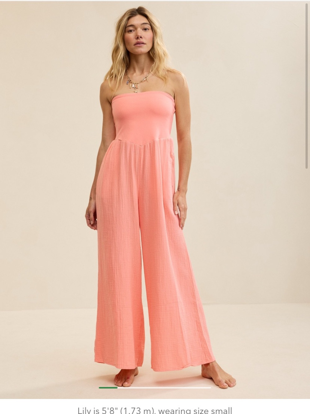 American Eagle Strapless Wide-Leg Jumpsuit in "Wild Peach" / Coral Pink